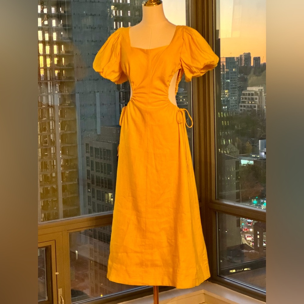 🆕 FARM Rio 🧿 NWOT Linen Cut Out Midi Dress, Yellow - Size XS - Picture 10 of 16